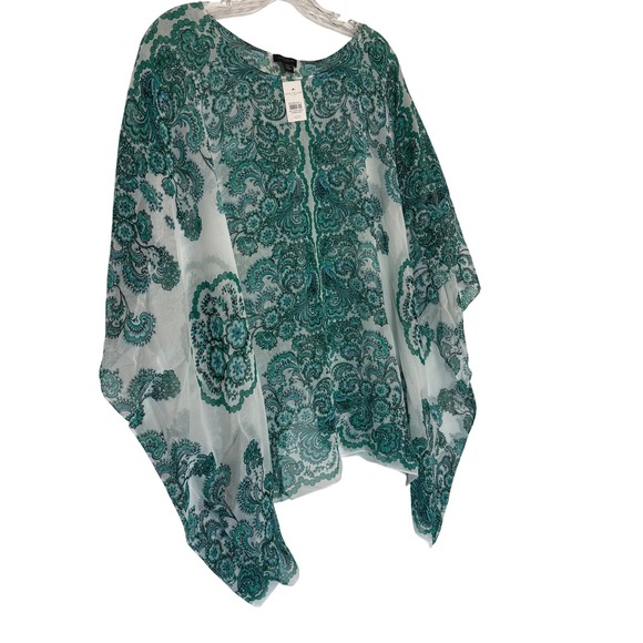 Womens Sheer Overlay Poncho Top Emerald Green Paisley Print - Picture 2 of 7